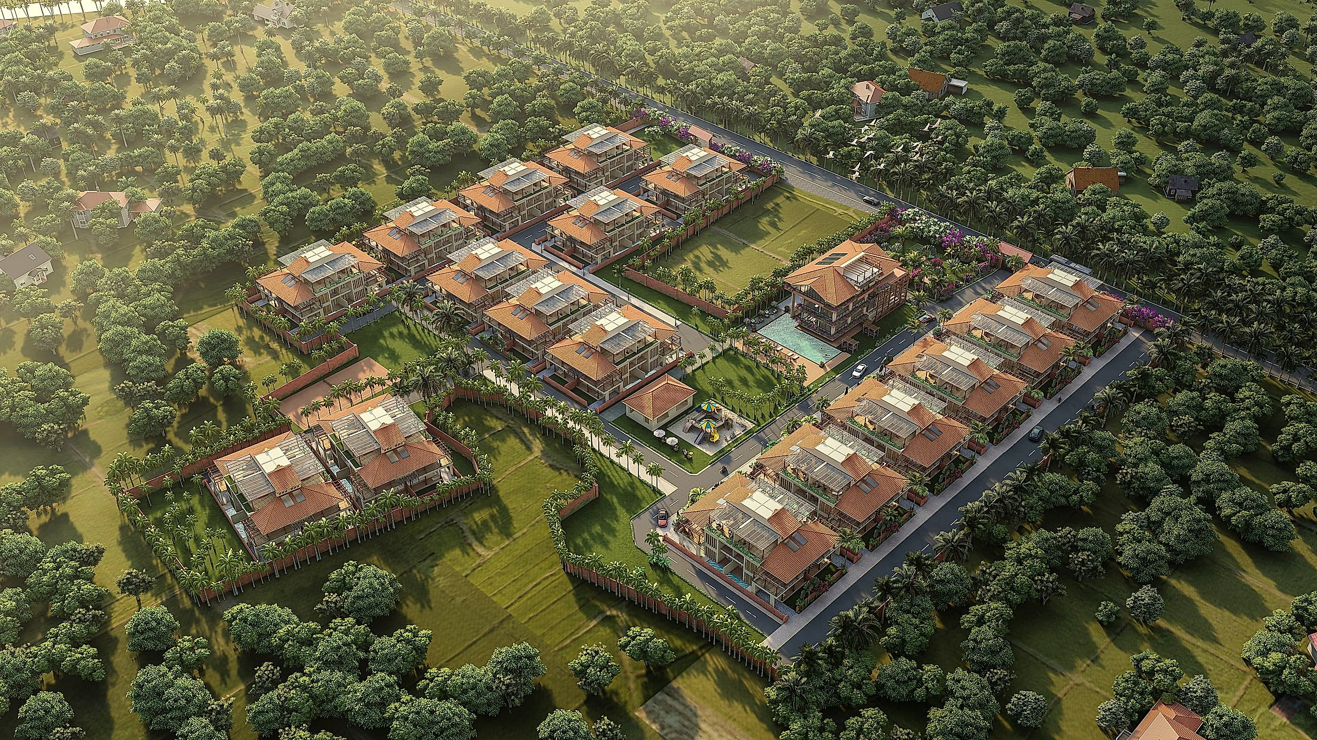 Cerulean Alibaug — aerial view between the forest and the Arabian Sea