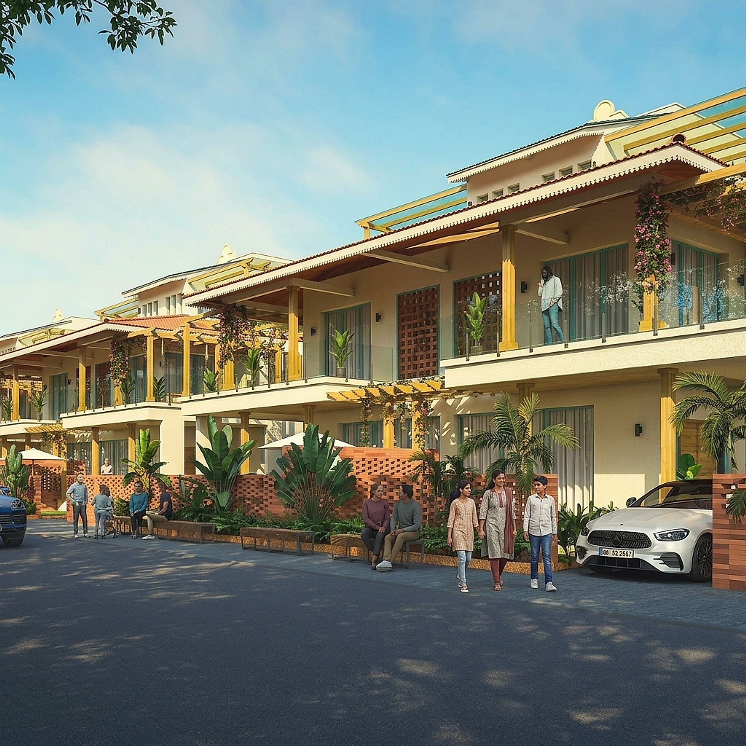 Cerulean Alibaug — cluster approach, four-residence streetscape